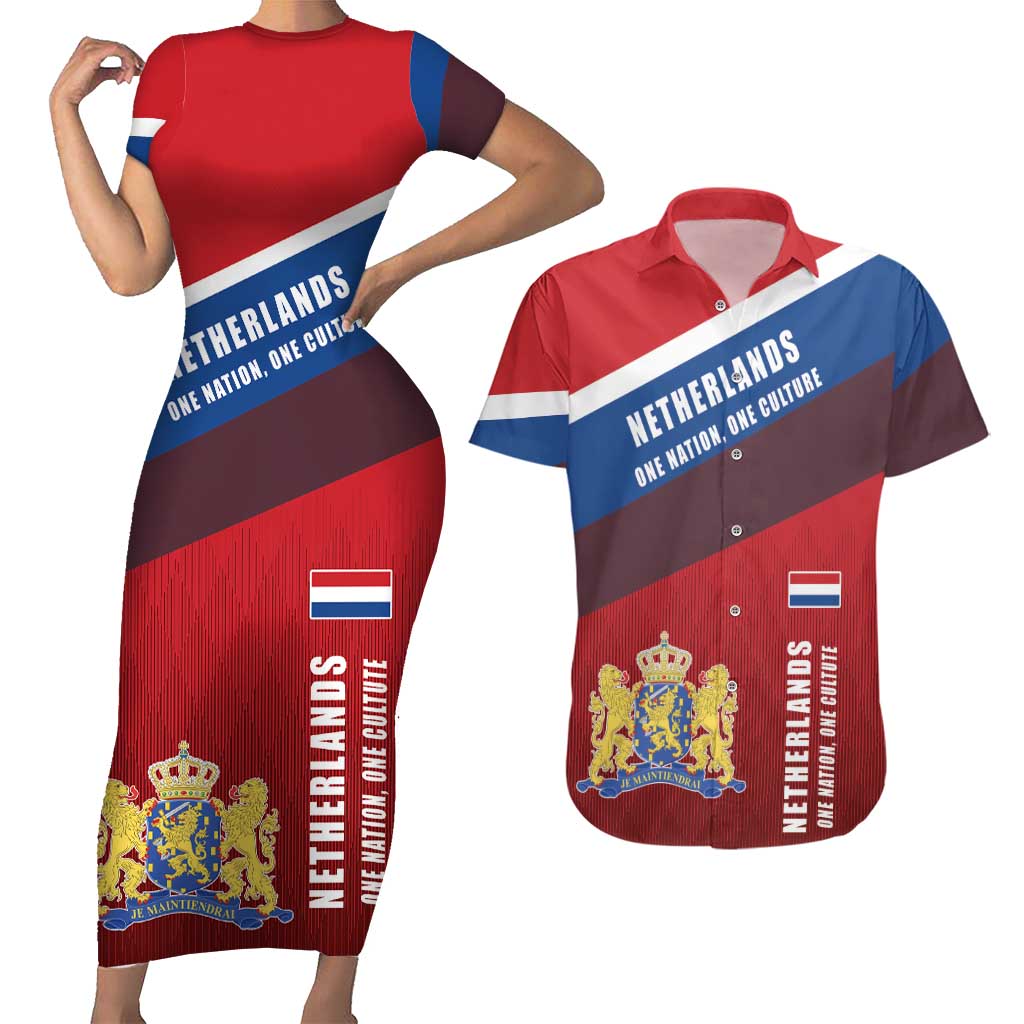 Personalized Netherlands Lion Couples Matching Short Sleeve Bodycon Dress and Hawaiian Shirt Nederland Flag and Coat of Arms