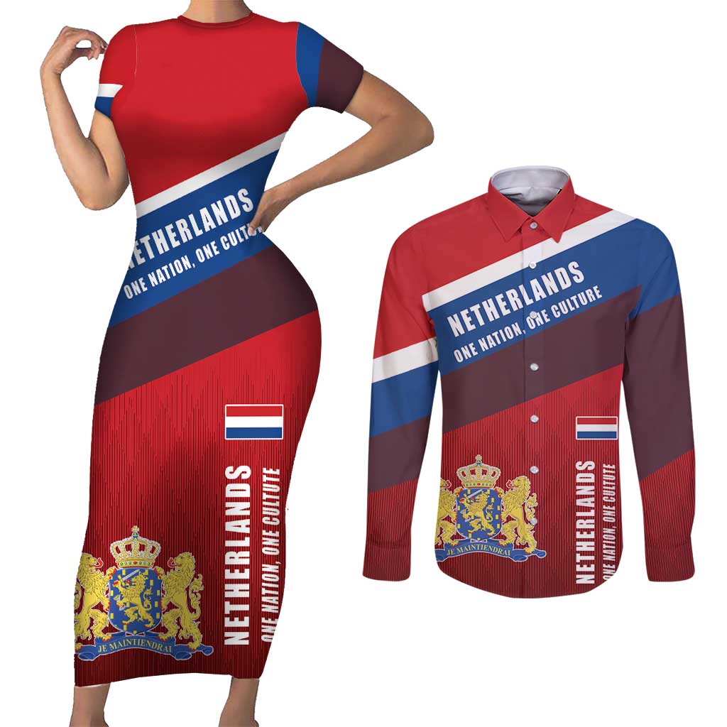 Personalized Netherlands Lion Couples Matching Short Sleeve Bodycon Dress and Long Sleeve Button Shirt Nederland Flag and Coat of Arms