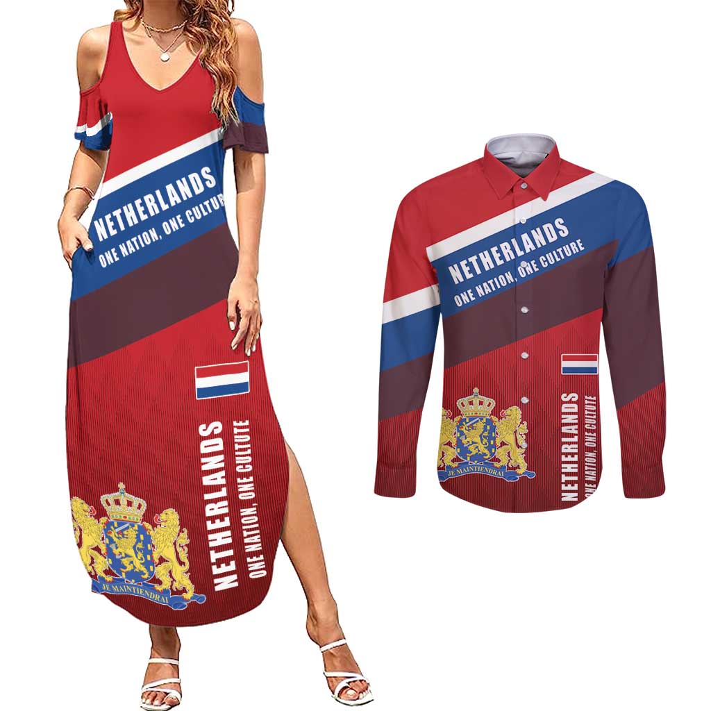 Personalized Netherlands Lion Couples Matching Summer Maxi Dress and Long Sleeve Button Shirt Nederland Flag and Coat of Arms