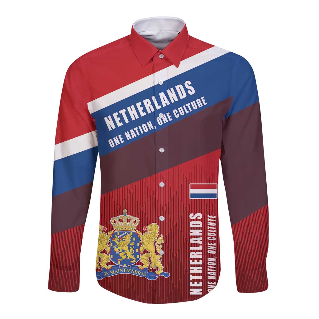 Unisex long-sleeve button shirt with Netherlands red, blue, and white flag print and lion crest