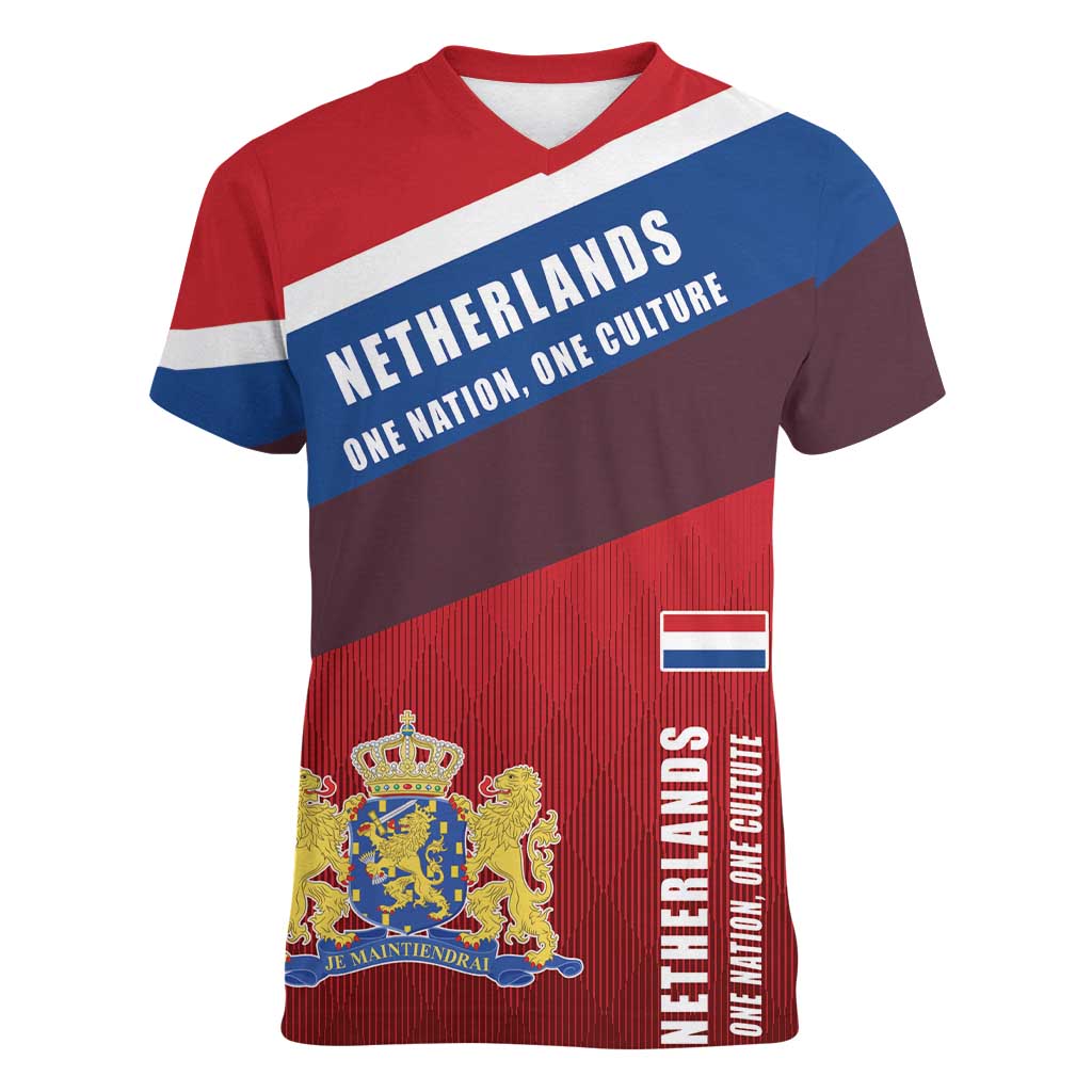 Personalized Netherlands Lion Women V-Neck T-Shirt Nederland Flag and Coat of Arms