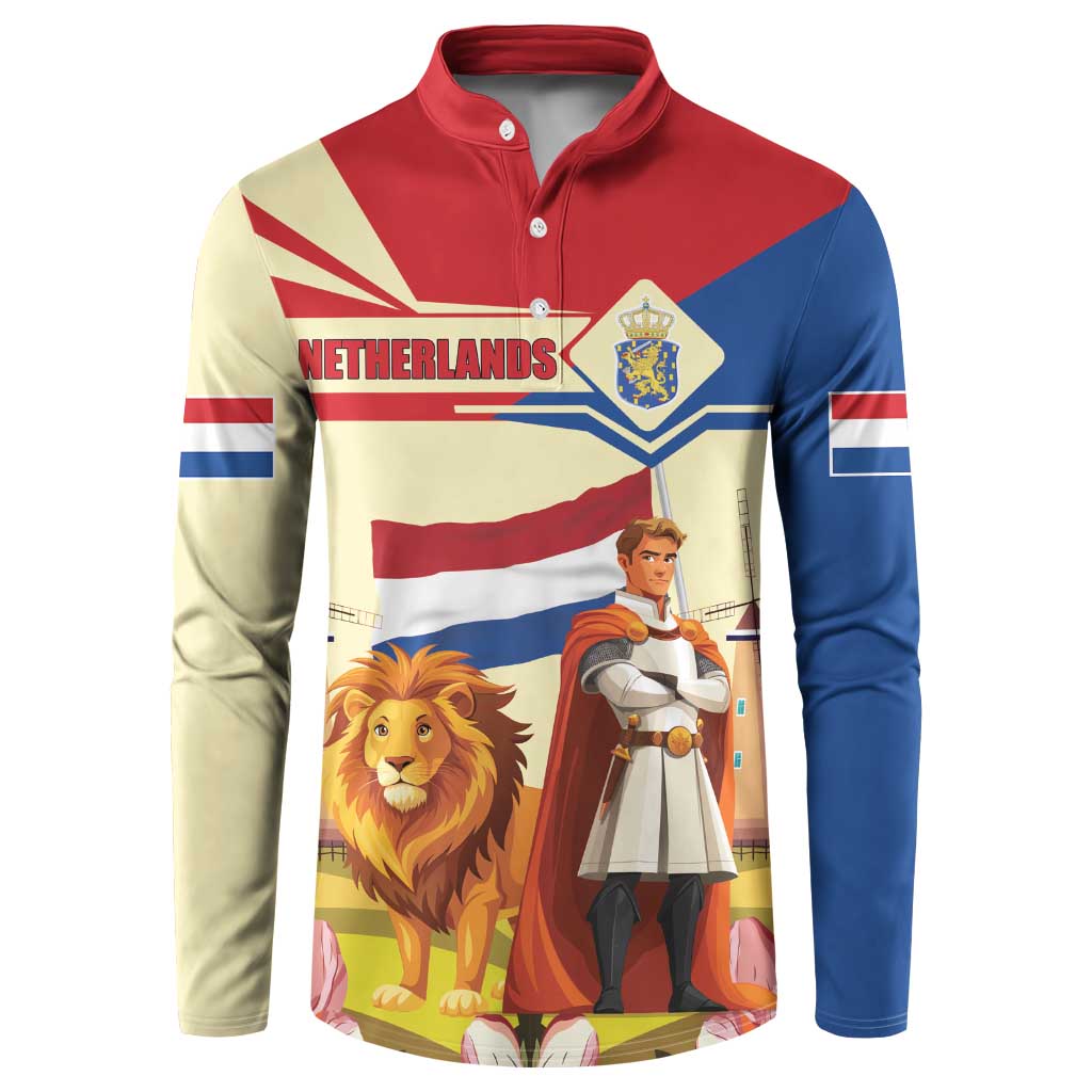 Button-front sweatshirt in red, blue, and cream with Netherlands graphic