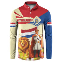 Button-front sweatshirt in red, blue, and cream with Netherlands graphic