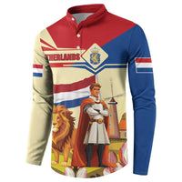 Button-front sweatshirt with Netherlands graphic, lion and knight art; red blue cream