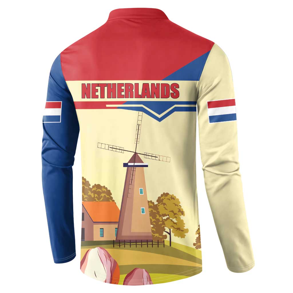 Button-front sweatshirt back with Netherlands wordmark and windmill scene; red blue cream