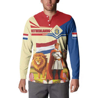 Button-front sweatshirt with Netherlands graphic: lion, knight, flags; red blue cream