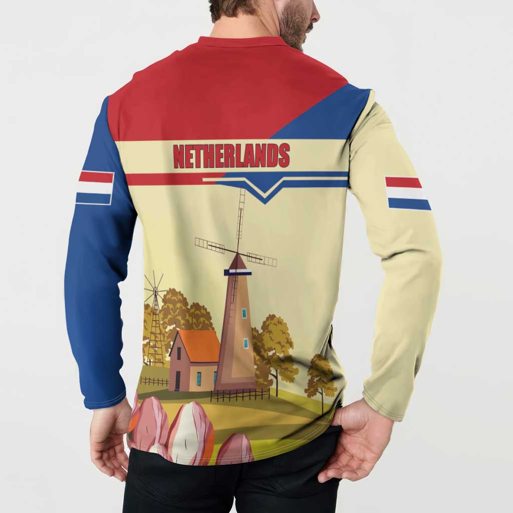 Button-front sweatshirt back graphic with Netherlands banner and windmill; red blue cream