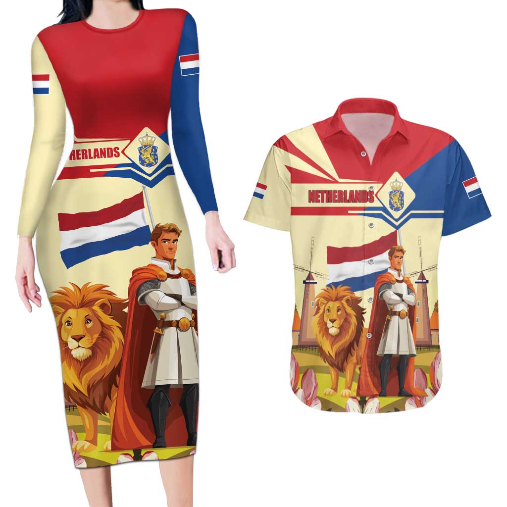 Netherlands Lion and Knight Couples Matching Long Sleeve Bodycon Dress and Hawaiian Shirt Tulips and Windmills