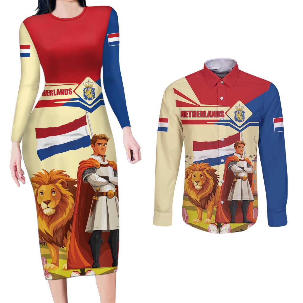 Netherlands Lion and Knight Couples Matching Long Sleeve Bodycon Dress and Long Sleeve Button Shirt Tulips and Windmills