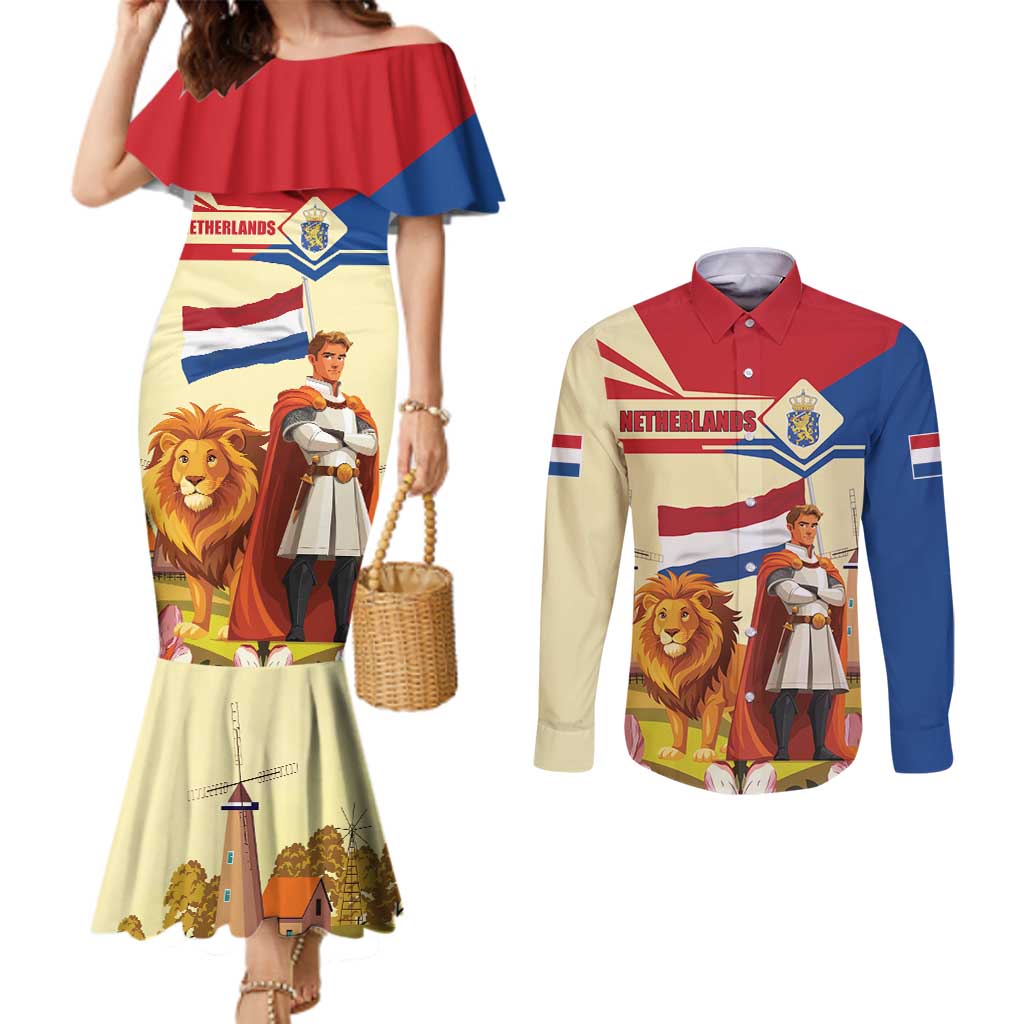 Netherlands Lion and Knight Couples Matching Mermaid Dress and Long Sleeve Button Shirt Tulips and Windmills