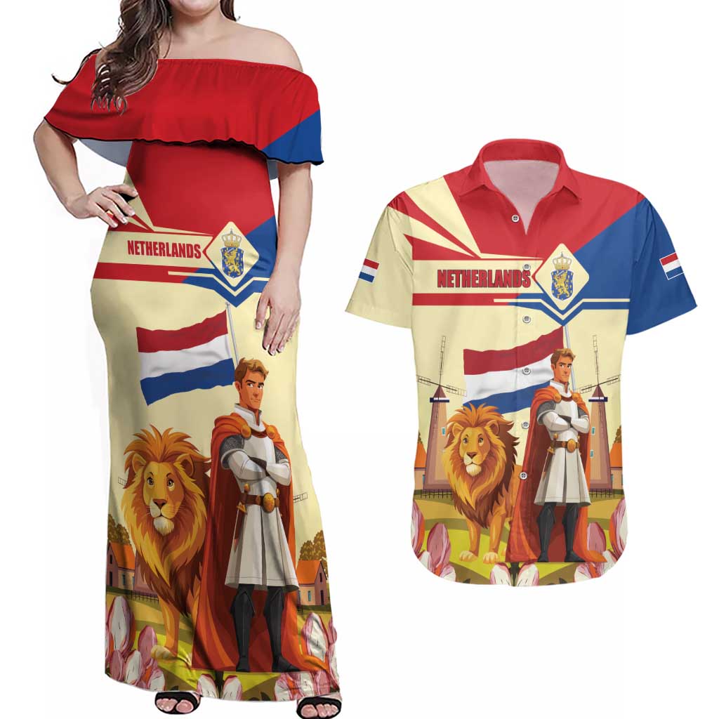 Netherlands Lion and Knight Couples Matching Off Shoulder Maxi Dress and Hawaiian Shirt Tulips and Windmills