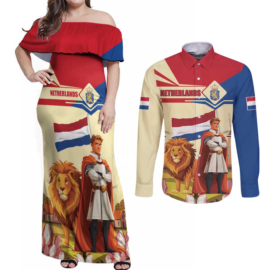 Netherlands Lion and Knight Couples Matching Off Shoulder Maxi Dress and Long Sleeve Button Shirt Tulips and Windmills