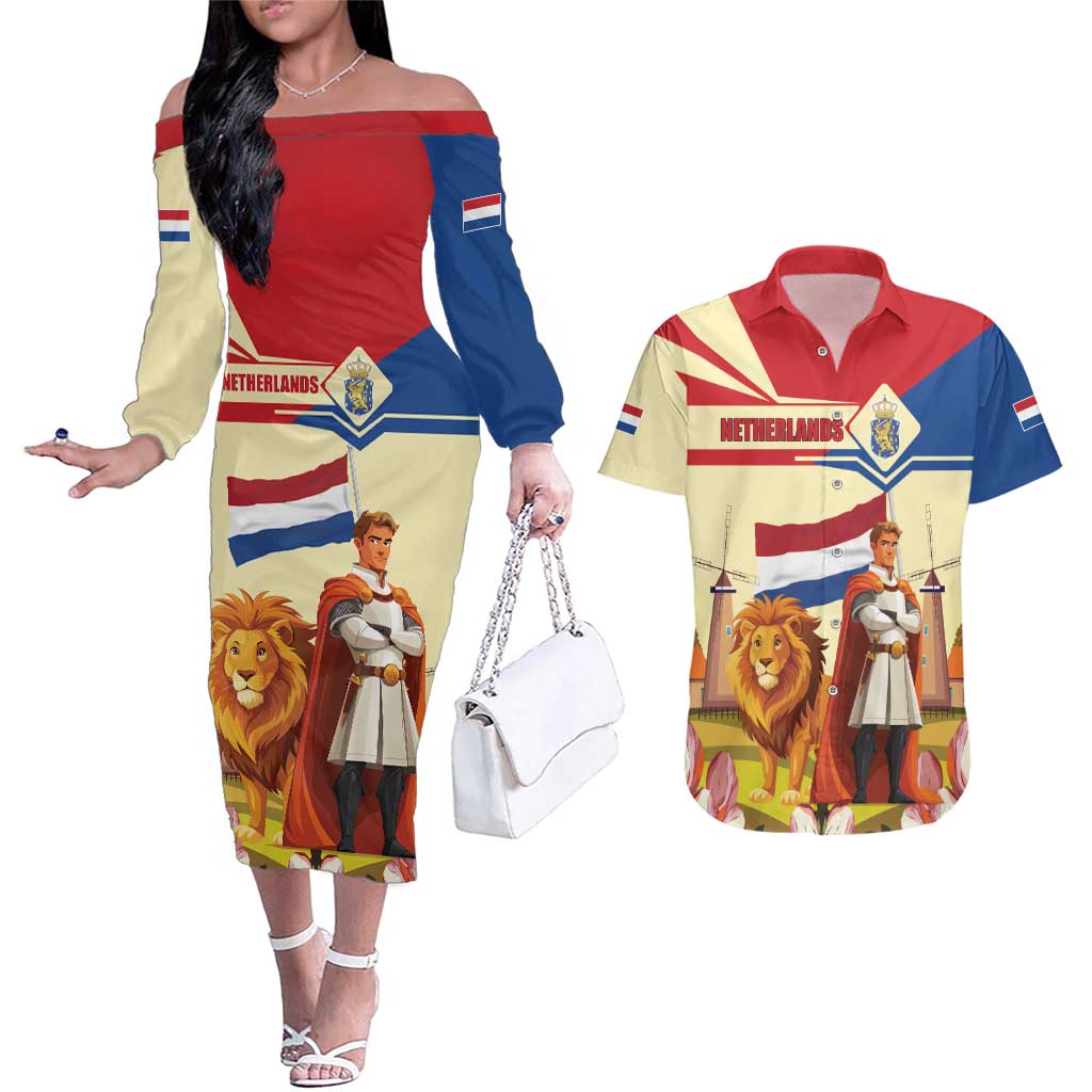 Netherlands Lion and Knight Couples Matching Off The Shoulder Long Sleeve Dress and Hawaiian Shirt Tulips and Windmills