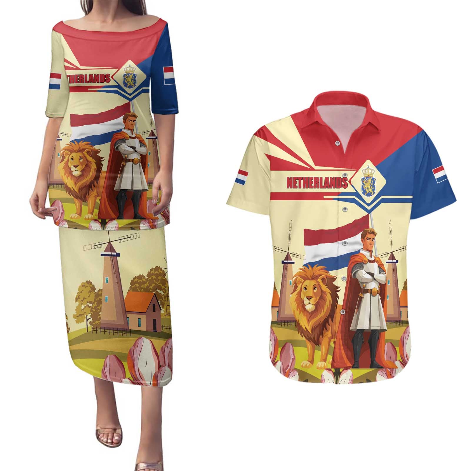 Netherlands Lion and Knight Couples Matching Puletasi and Hawaiian Shirt Tulips and Windmills