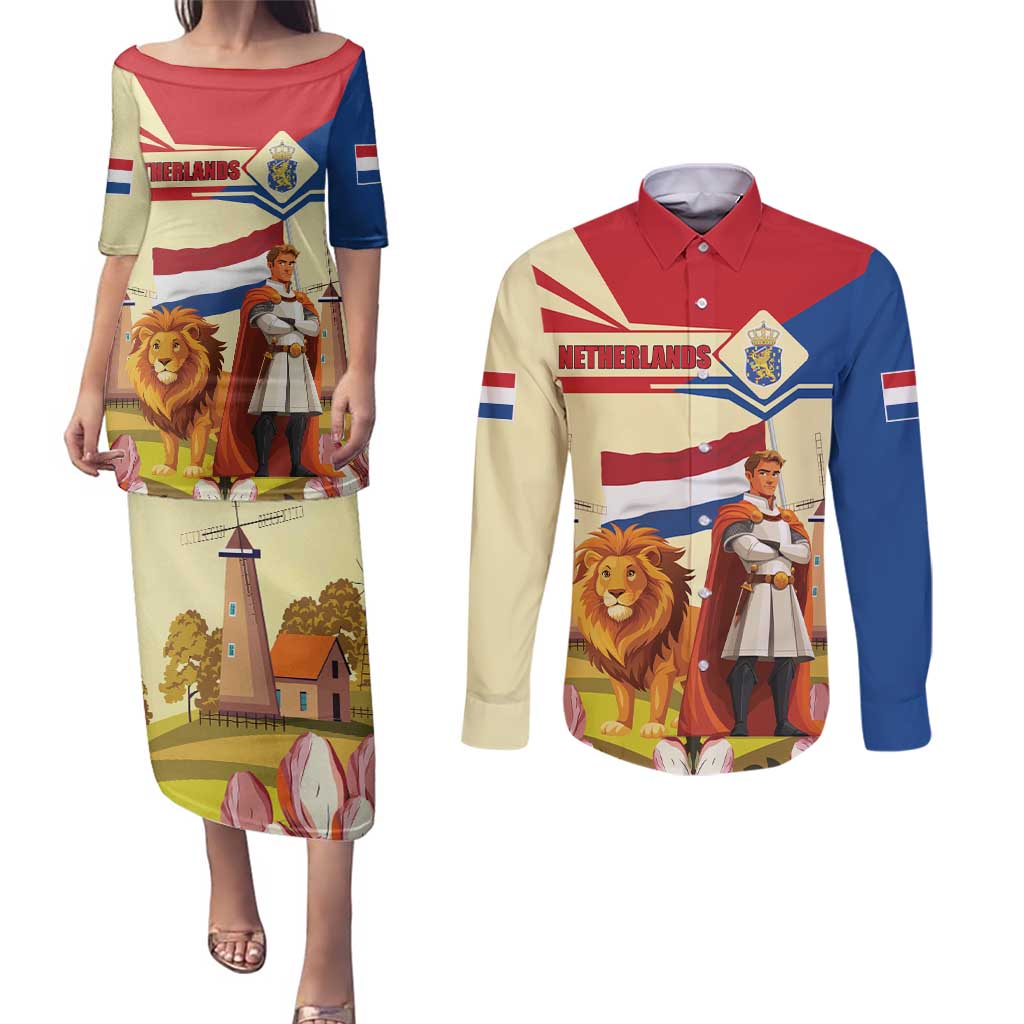 Netherlands Lion and Knight Couples Matching Puletasi and Long Sleeve Button Shirt Tulips and Windmills