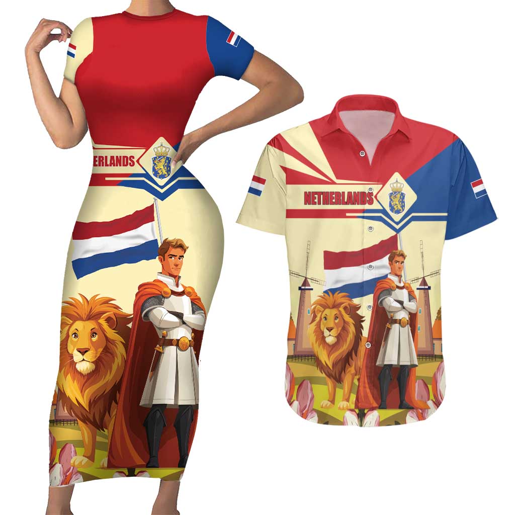 Netherlands Lion and Knight Couples Matching Short Sleeve Bodycon Dress and Hawaiian Shirt Tulips and Windmills