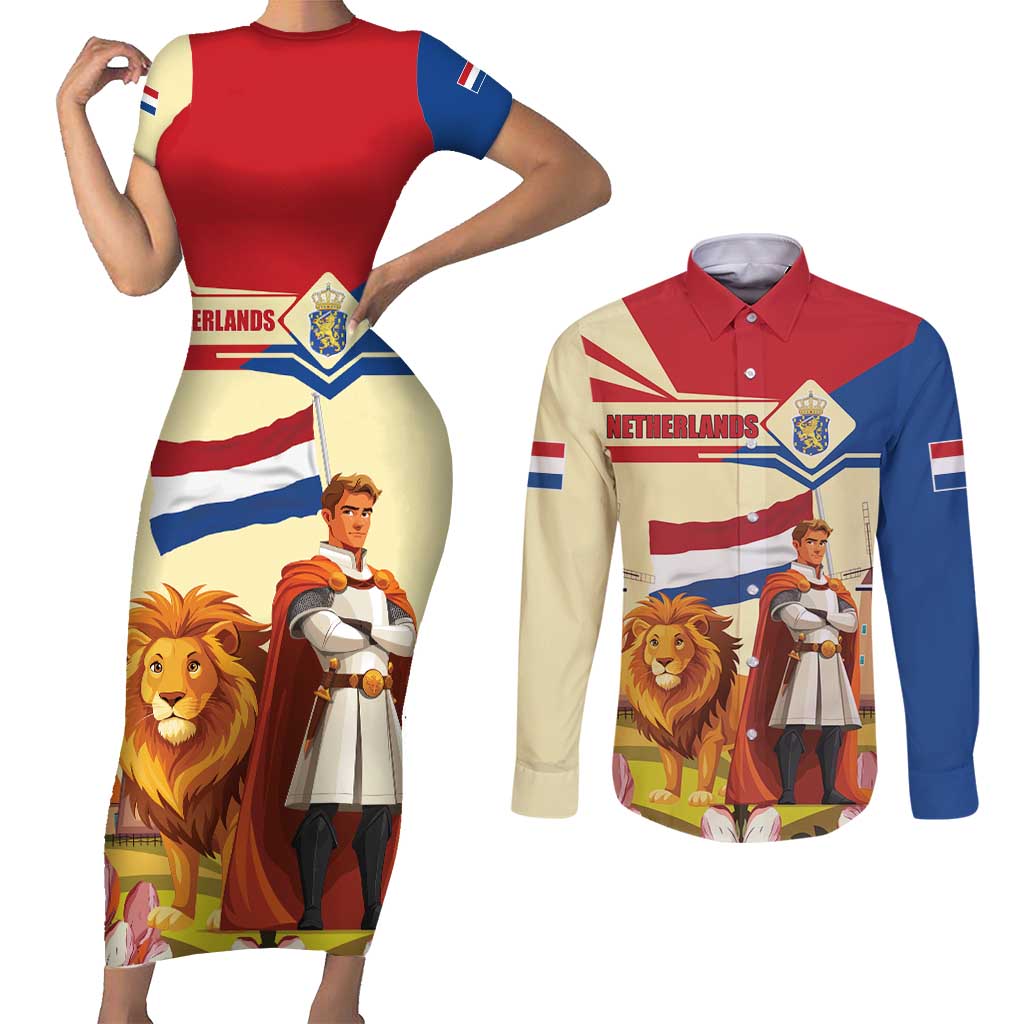 Netherlands Lion and Knight Couples Matching Short Sleeve Bodycon Dress and Long Sleeve Button Shirt Tulips and Windmills