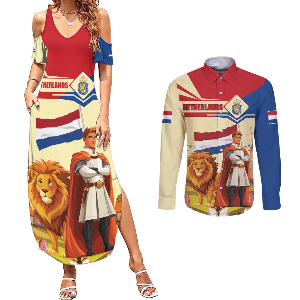 Netherlands Lion and Knight Couples Matching Summer Maxi Dress and Long Sleeve Button Shirt Tulips and Windmills