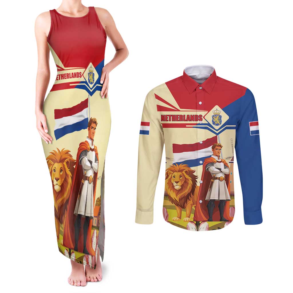 Netherlands Lion and Knight Couples Matching Tank Maxi Dress and Long Sleeve Button Shirt Tulips and Windmills