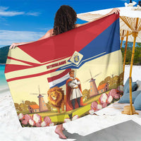 Yellow sarong with lion and knight artwork, Dutch windmills and tulips motif border
