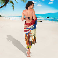 Yellow sarong with lion, knight, windmills and tulips, red and blue stripes