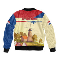 Multicolor bomber jacket back with 'NETHERLANDS' text and windmill graphic