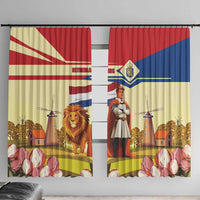Two window curtain panels with lion and knight print, red blue flags and tulip border