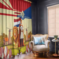 Window curtain panel with lion and knight print, red blue yellow, tulip and windmill motifs