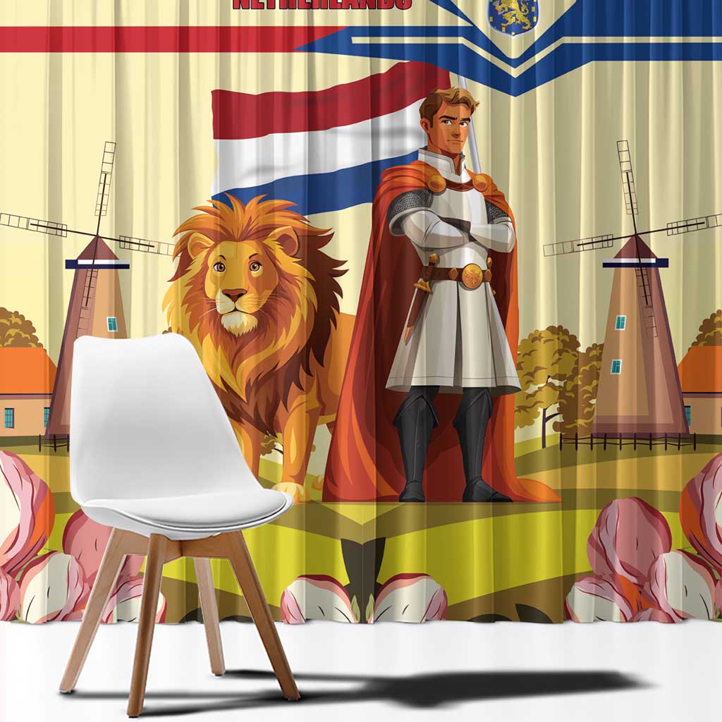 Window curtain panel close-up with lion and knight graphic, red blue yellow, tulip border