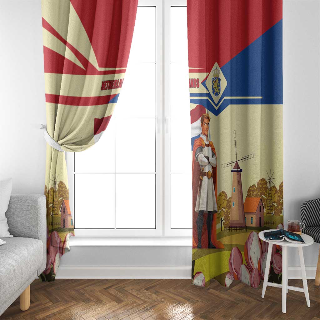 Pair of window curtain panels with lion and knight scene, red blue yellow, tulip accents