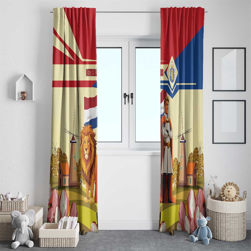 Window curtain panels featuring Dutch lion and knight artwork, red blue and light background