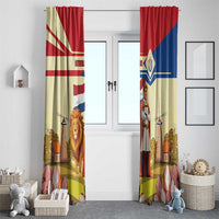 Window curtain panels featuring Dutch lion and knight artwork, red blue and light background