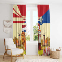 Window curtain panels with lion and knight figure, red blue yellow, tulip and windmill motifs