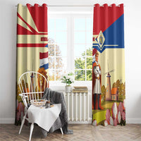 Window curtain panels with top loops, lion and knight print in red blue yellow