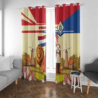 Window curtain panels with top loops, lion and knight artwork in red blue yellow