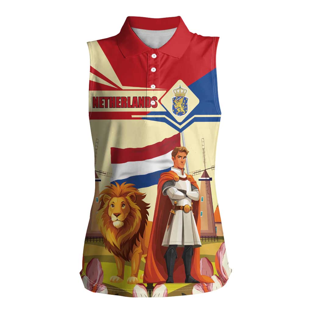 Netherlands Lion and Knight Women Sleeveless Polo Shirt Tulips and Windmills