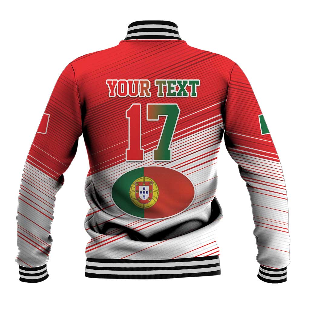 Red baseball jacket; back shows 'YOUR TEXT' and number 17 with Portugal patch, striped sleeves
