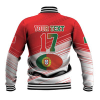 Red baseball jacket; back shows 'YOUR TEXT' and number 17 with Portugal patch, striped sleeves