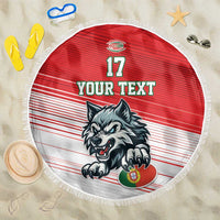 Close-up red round beach blanket with white fringe, wolf mascot, 'YOUR TEXT' and 17