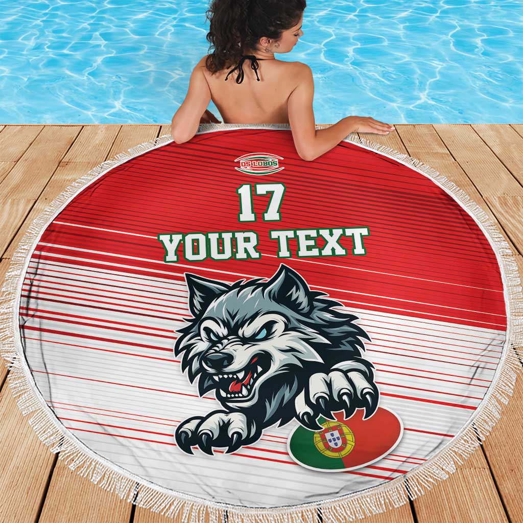 Full red round beach blanket with white fringe, wolf mascot, 'YOUR TEXT' and 17