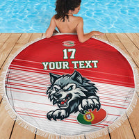 Full red round beach blanket with white fringe, wolf mascot, 'YOUR TEXT' and 17