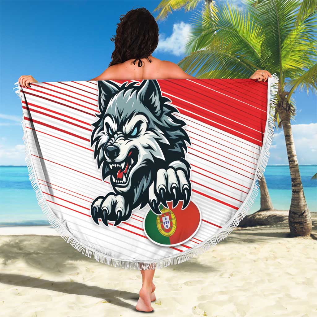 Red round beach blanket with white fringe, wolf mascot, 'YOUR TEXT' and 17, held open