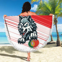 Red round beach blanket with white fringe, wolf mascot, 'YOUR TEXT' and 17, held open