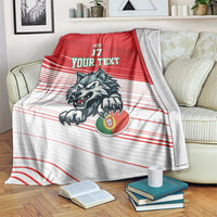 Red and white striped rugby blanket with wolf mascot, number 17, and custom text panel