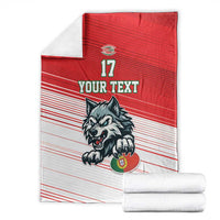 Red and white striped blanket set with wolf mascot, number 17, and custom text panel