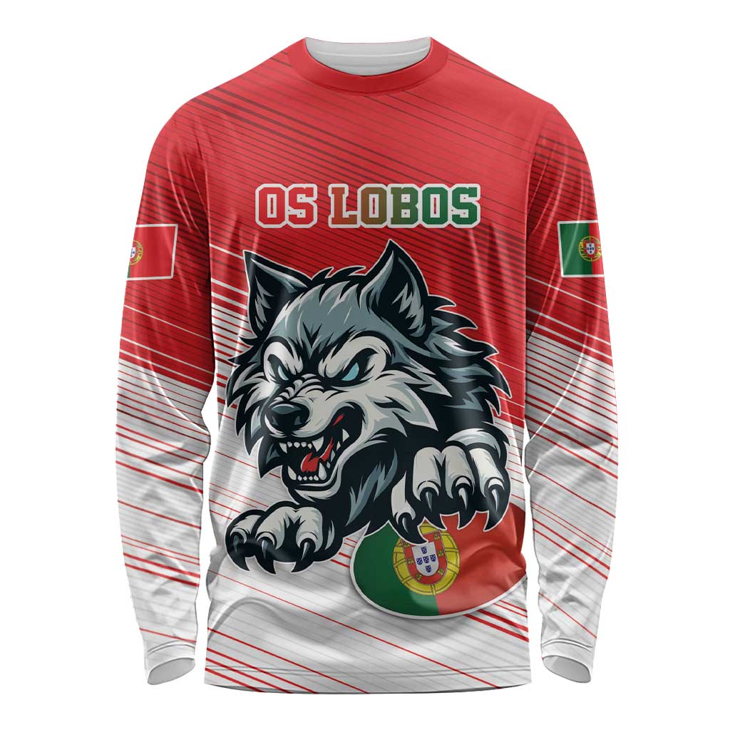 Red long-sleeve rugby shirt with wolf mascot graphic and striped sleeves