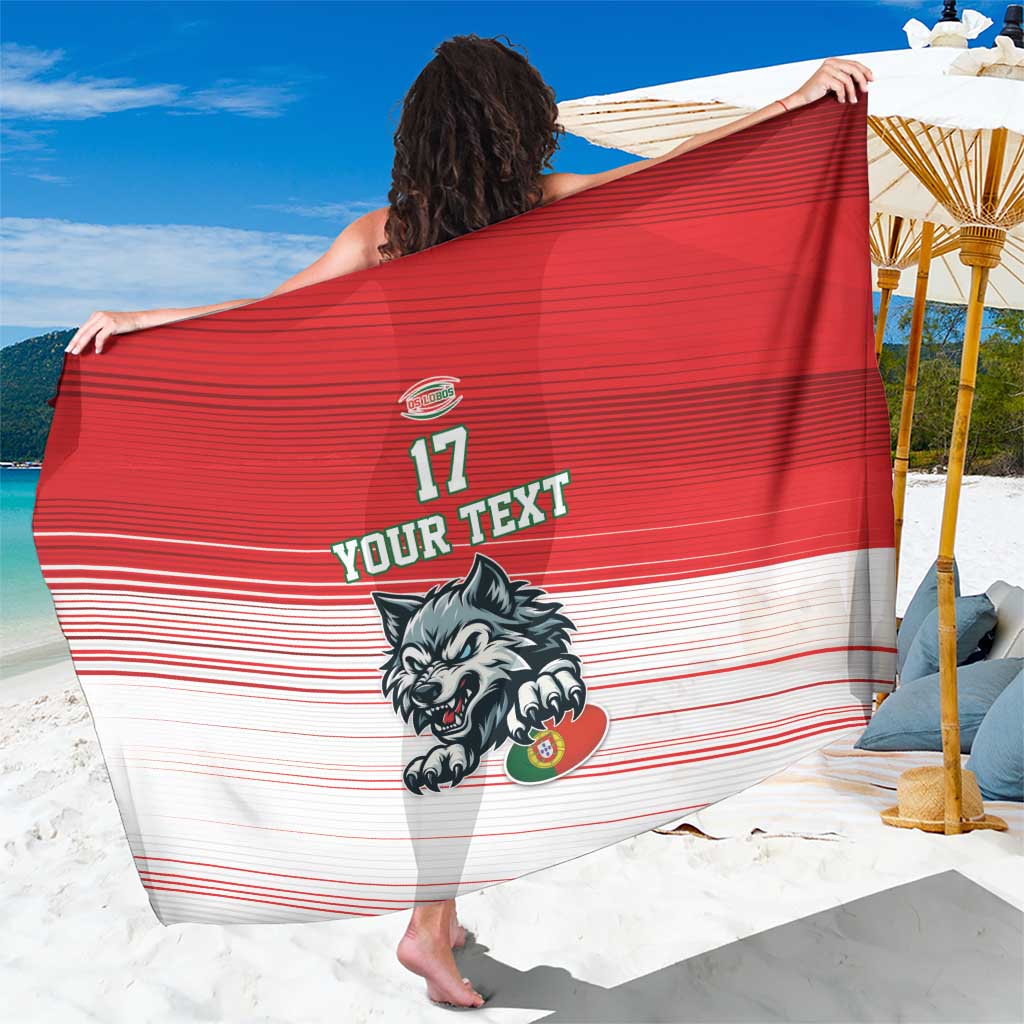 Red and white striped beach sarong with wolf mascot, crest, number 17, custom text