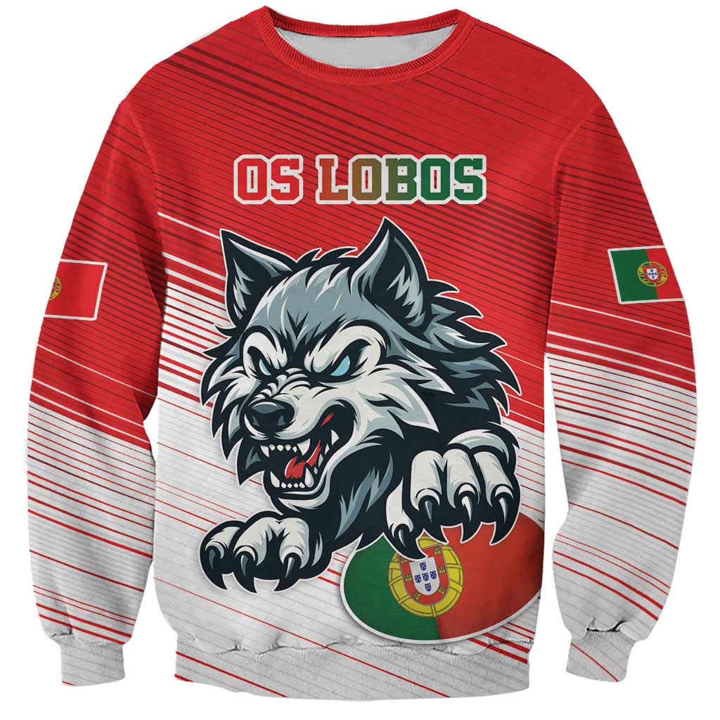 Red custom rugby sweatshirt with wolf mascot graphic and striped pattern, Portugal flag patch.
