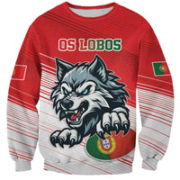 Red custom rugby sweatshirt with wolf mascot graphic and striped pattern, Portugal flag patch.