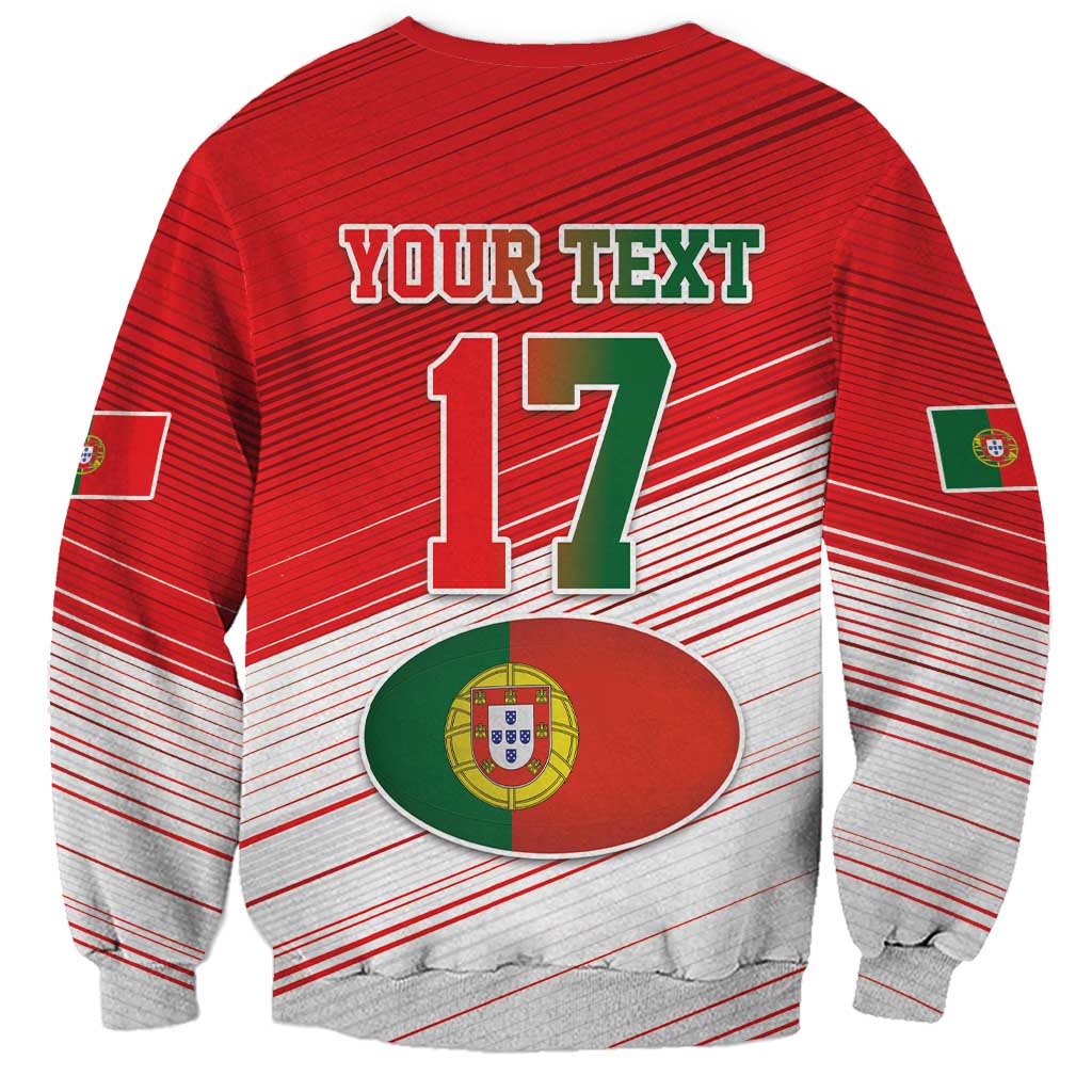 Red custom rugby sweatshirt, back shows YOUR TEXT 17, Portugal crest oval, striped design.